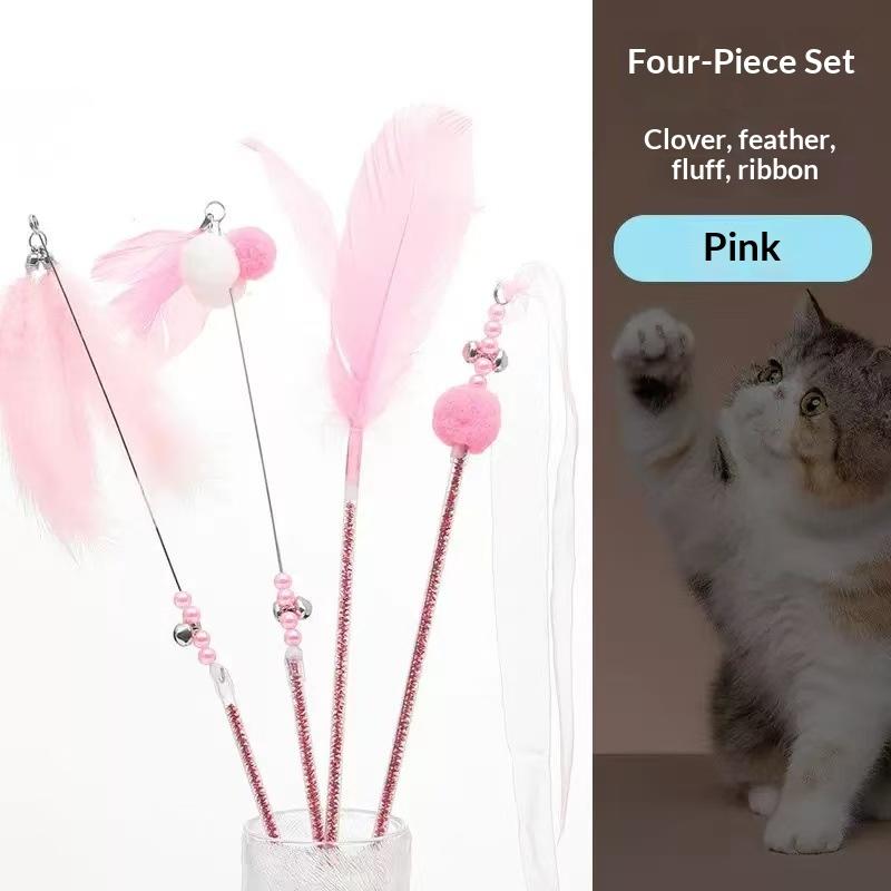 Cat Wand Toys 3/4Pcs Interactive Kitten Feather Wand Toys for Bored Indoor Cats, Cat Teaser Toys Wand with Bell Crinkly Paper