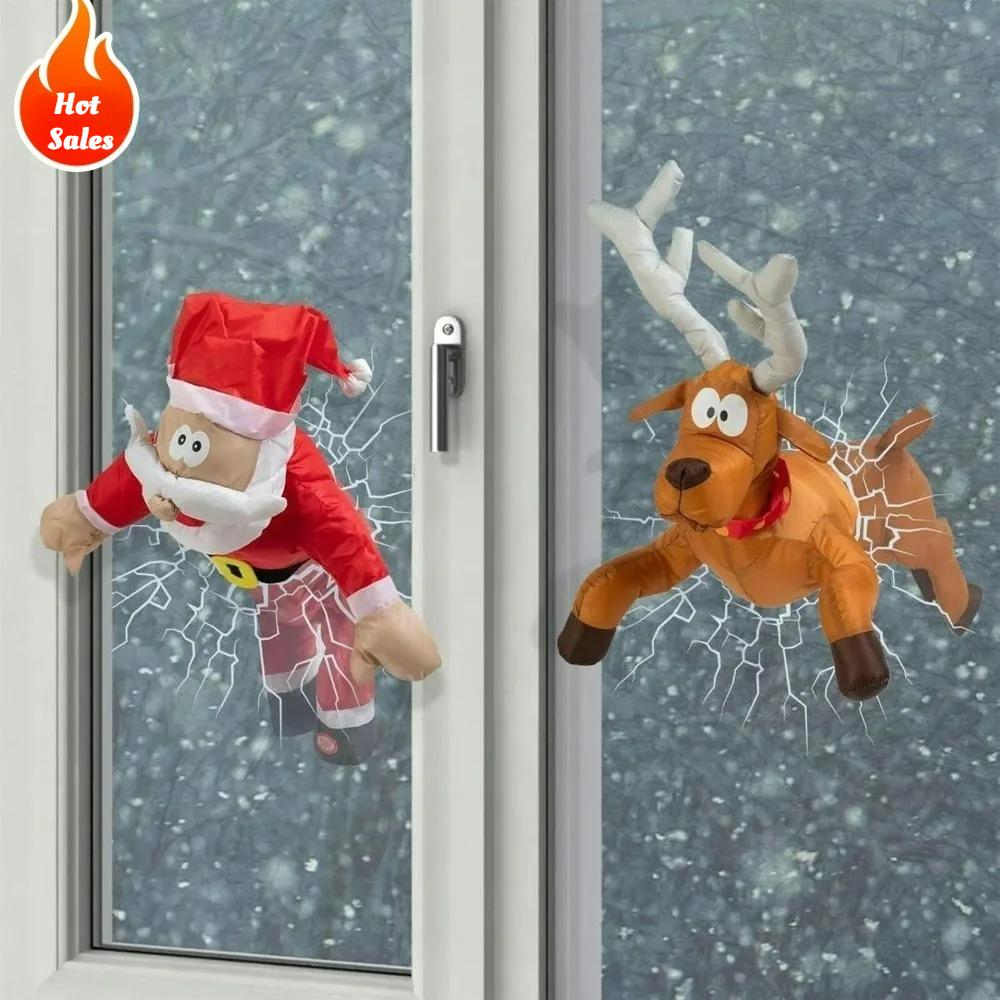 IN-STOCK 3D Crashing Santa Elk Animated Christmas Decoration, Funny Party Window Decoration Ornament with Glass Shard Sticker