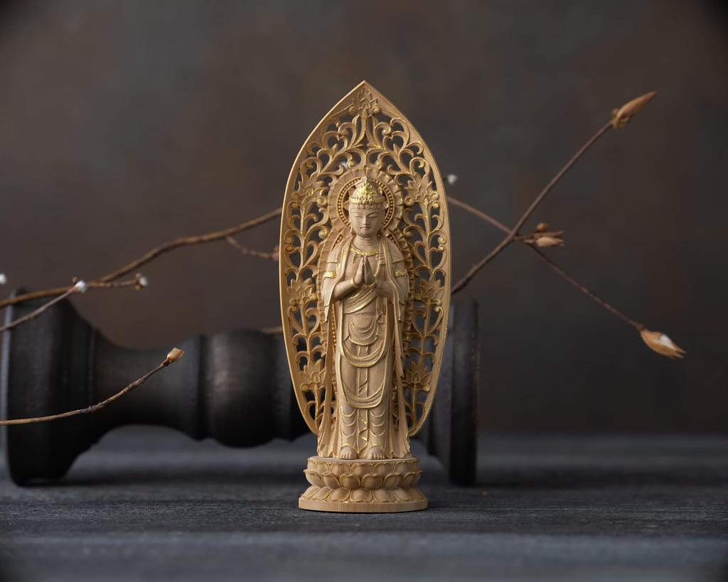 Miniature Kannon Buddhist wood ornament Gasshokannon Buddha, Bodhisattva, 12.5cm (wood boxwood, gold-dust finish) - Seikannon, statue, figure,