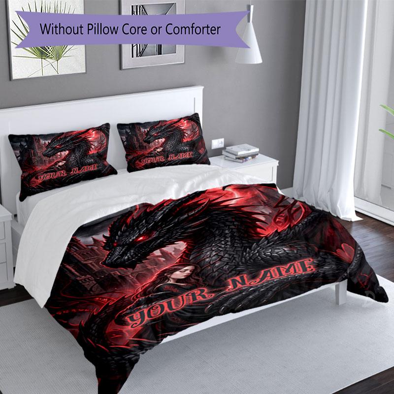 3PC Custom Name Dragon's Dark Embrace Bedding Set Duvet Cover Closure Includes 1 Duvet Cover & 2 Pillowcases for Bedroom