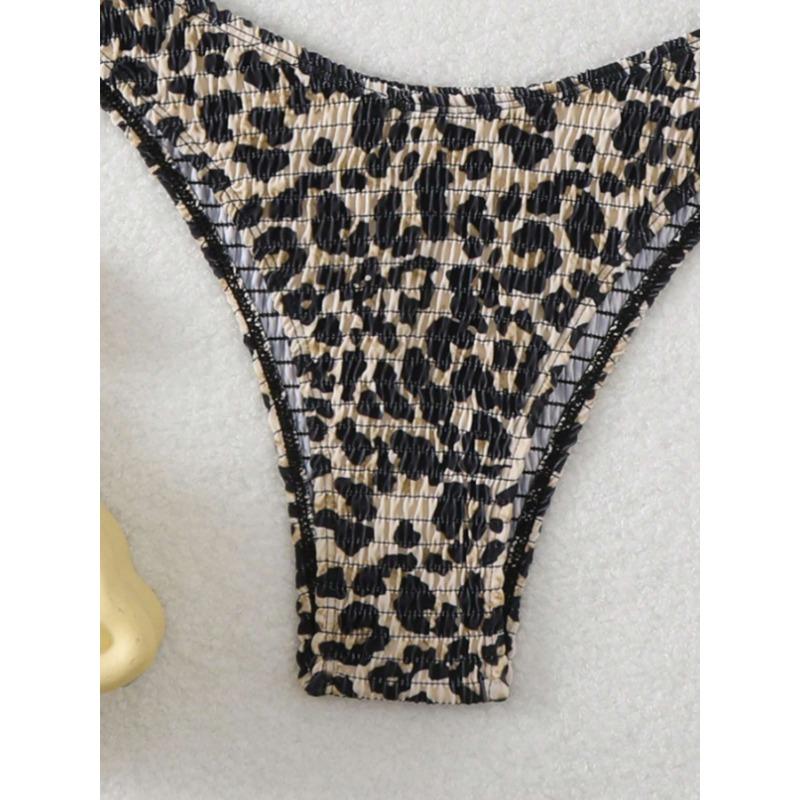 Neon Pink Black Leopard Print Smocked Two Piece Bathing Suit