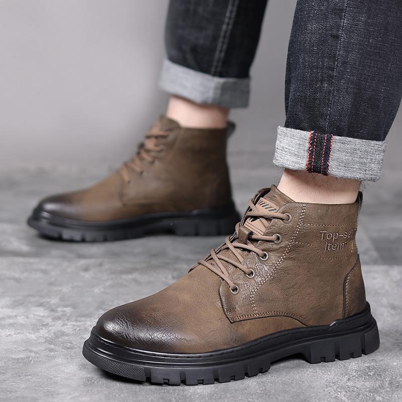 Fashion Fashion Men's Casual Leather Walking Boots Design High Top Outdoor Shoes New Men Motorcycle Boots All-match Comfy Ankle Boots