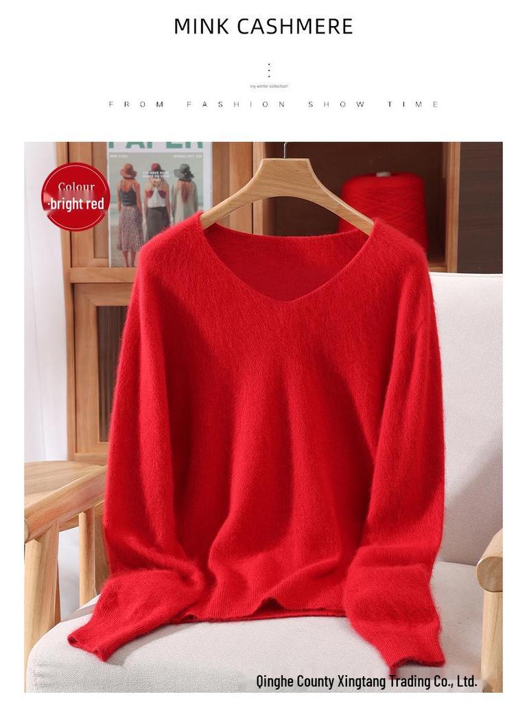 Damen Schlank geschnittener V-Ausschnitt Nerz Kaschmir Pullover, Große Größen, Herbst/Winter Pullover
