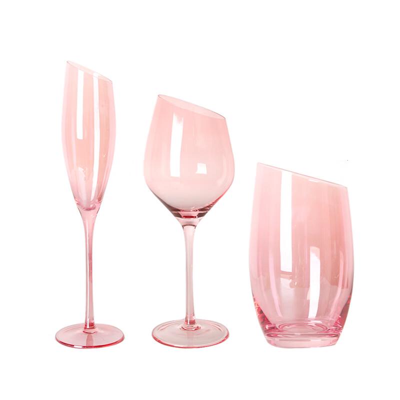 Shangqi Pink Slanted Rim Crystal Stemmed Wine/Champagne Glasses (Set of 2)