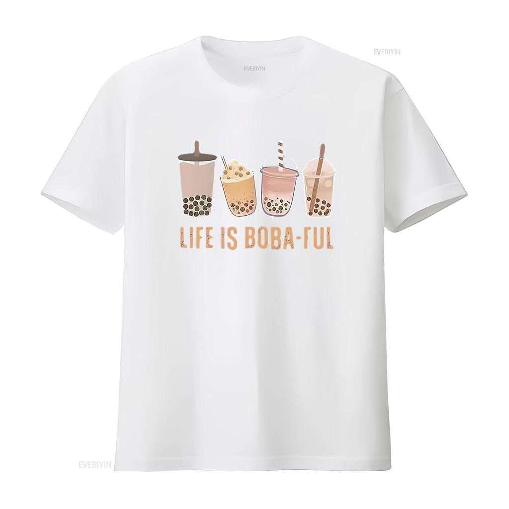 Life Is Boba Ful T Shirt For Women Cute Pearl Milk Tea Pattern Casual Funny Tops Lover GifT vintage Washed Versatile