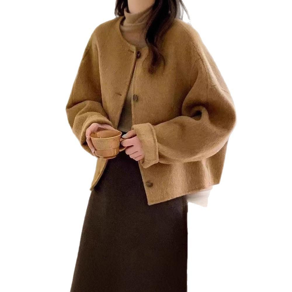 Double-Sided Wool Short Cashmere Coat - Autumn/Winter Korean Style, Petite Silhouette with Round Neck.