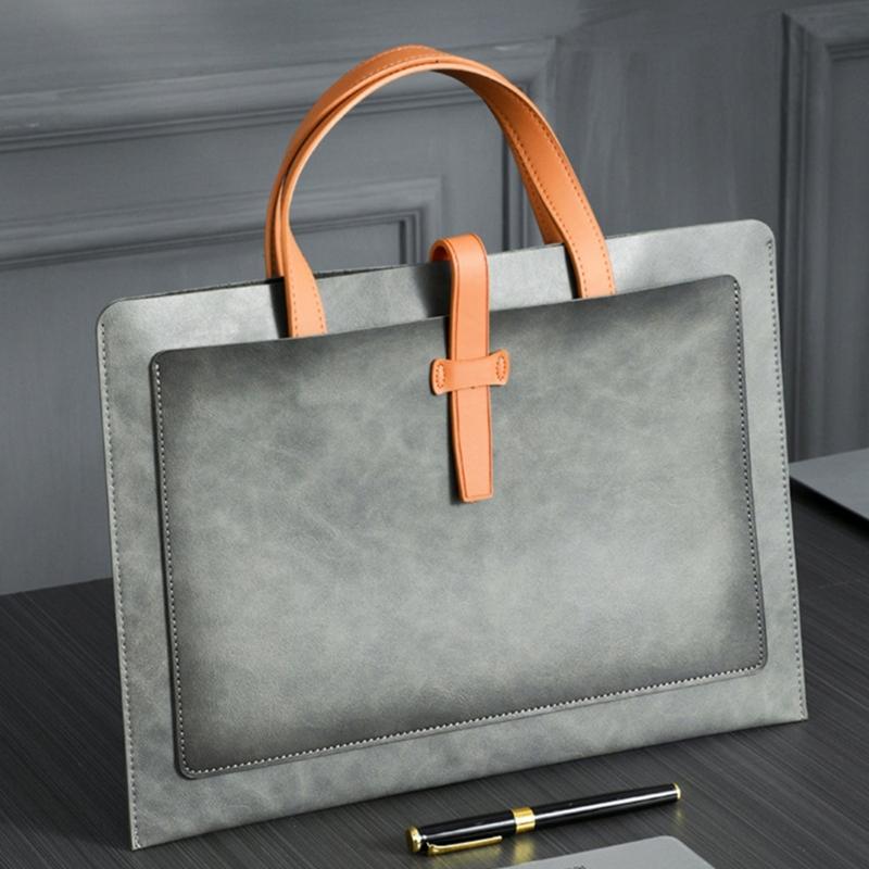 Handheld File Folder Leather Folder Document Storage Bag Leather Laptop Sleeve Leather Buckle Lock for Office Travel