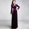 Women Evening Dress Golden Velvet V Neck Pleated A-line Pure Color Long Sleeves Full