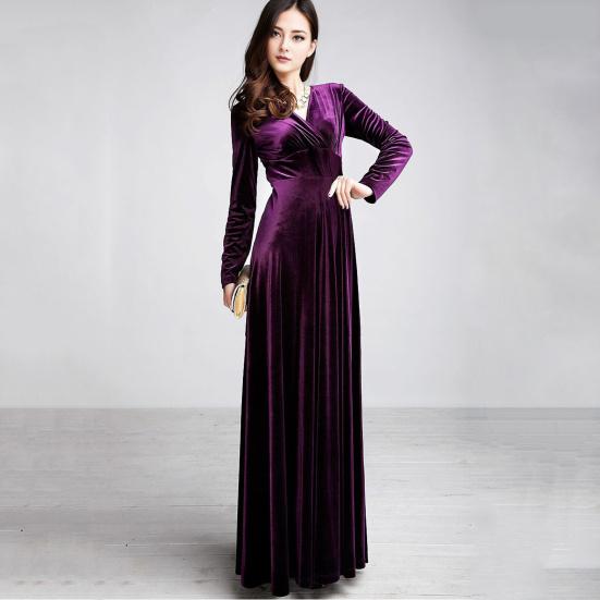 Women Evening Dress Golden Velvet V Neck Pleated A-line Pure Color Long Sleeves Full