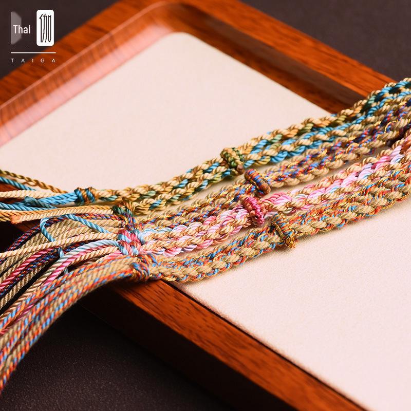 Handmade Thai Amulet Chain: Tibetan Thangka Pendant with Hand-Rubbed Cotton Rope & Dzi Agate - Style A