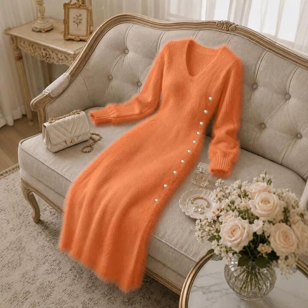Women's V-Neck Long Sleeve Button-Down Knit Sweater Dress for Autumn/Winter