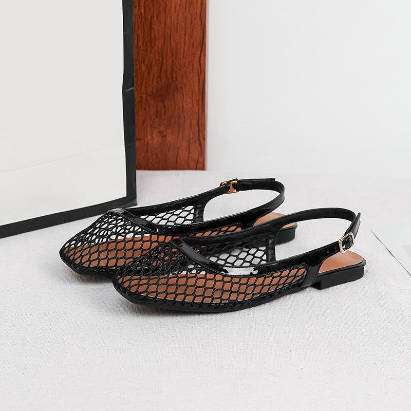 Mesh Slingback Flats for Women Summer Square Closed Toe Flats Slingback Sandals Women's Dress Shoes Adjustable Buckle Sandals Slip On Fishnet Mules