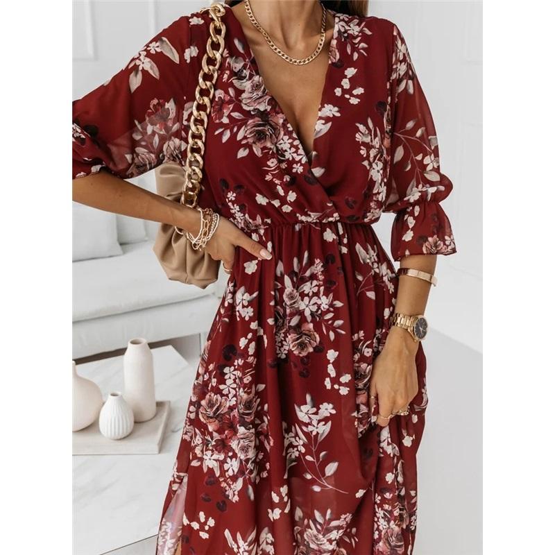 Women's Summer Dress Long Sleeve V-neck Side Slit Printed Long Dress