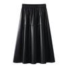 Coffee PU Leather Elastic Waist A-Line Pleated Midi Skirt - Women's 2024 Spring/Autumn Style