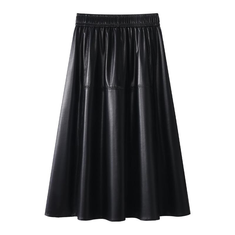 Coffee PU Leather Elastic Waist A-Line Pleated Midi Skirt - Women's 2024 Spring/Autumn Style