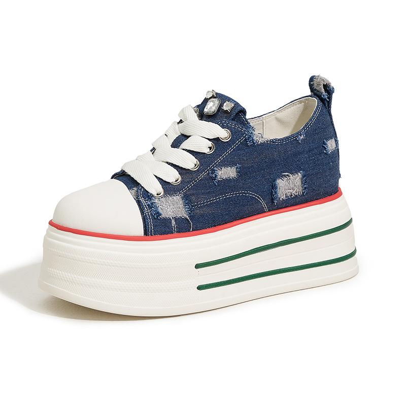 

Fujin 6,5 см 2024 джинсовая кожа платформа танкетка массивные кроссовки повседневные вулканизированные высококачественные стразы весенние блестящие осенние туфли 39 синий