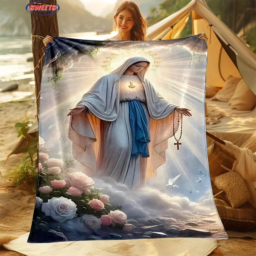 Coperta artistica in flanella della Vergine Maria misericordiosa, 6 taglie, per divano, ufficio, pisolino, per tutte le stagioni, lavabile in lavatrice