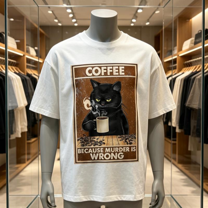Because Murder Is Wrong Black Cat Drink Coffee Clothing Unisex Wounisex Street Oversized T Shirts Breathable Cotton Streetwear Tshirt