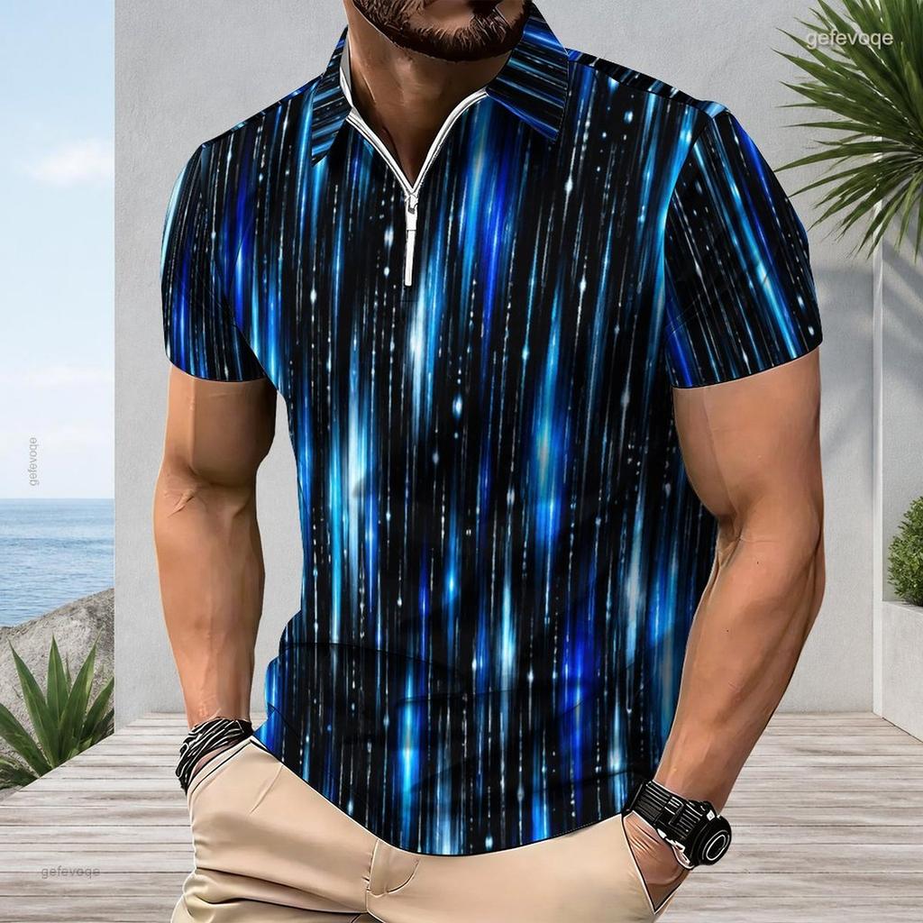 Men Plus Size Short Sleeve Quarter Zip Collared Colorful Graffiti Printed Polo Shirt