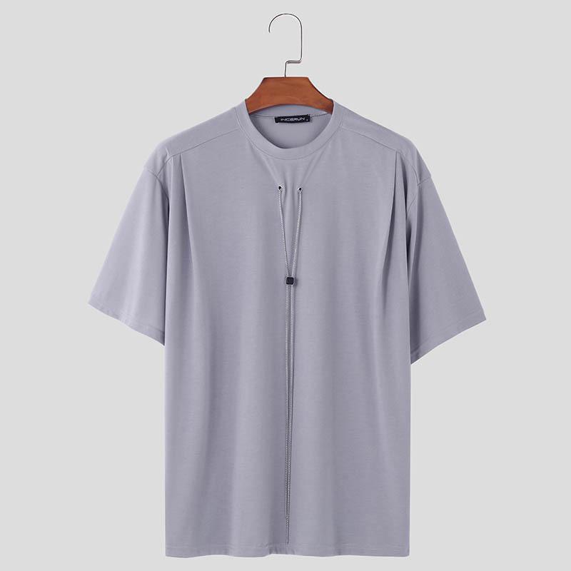 

INCERUN Мужские летние футболки с круглым вырезом и декоративными цепочками, однотонные топы с коротким рукавом XL серый