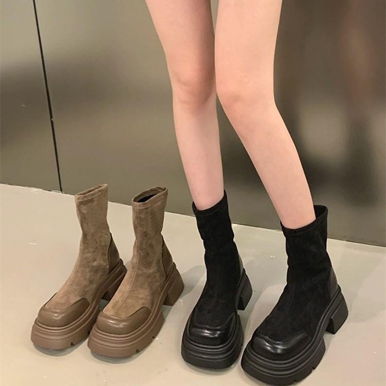 2025 new spring and autumn European station thick-soled heightening retro short boots women's casual not tired feet elastic thin Martin boots