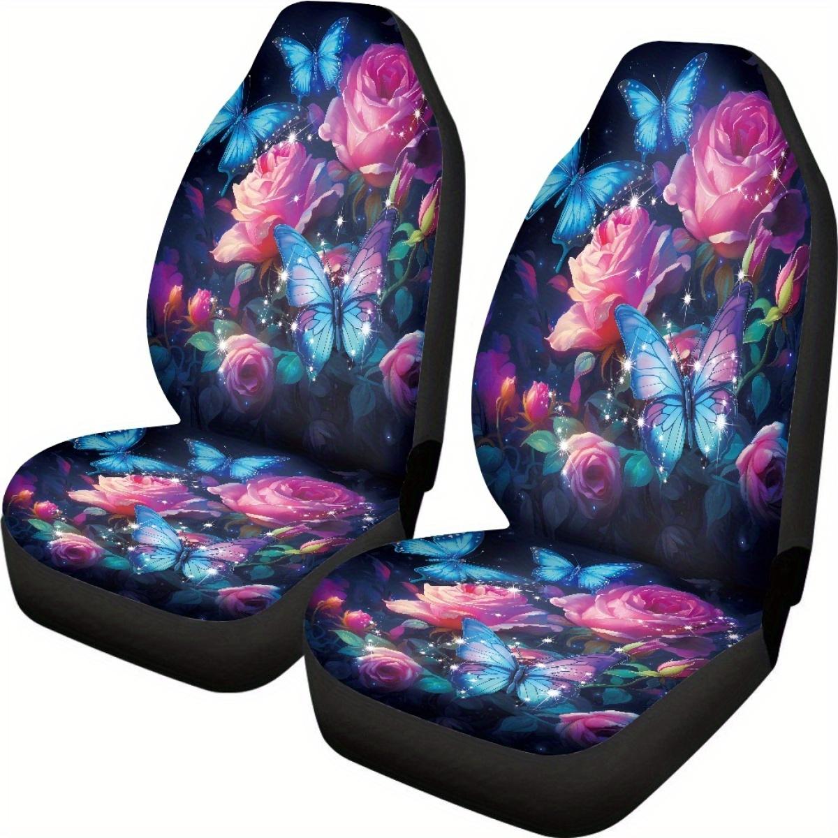 2Pcs Butterfly Rose Car Seat Covers, Universal Fit Car Seat Covers For Front Seats Only, Automotive Bucket Seat Cushion Pad Car