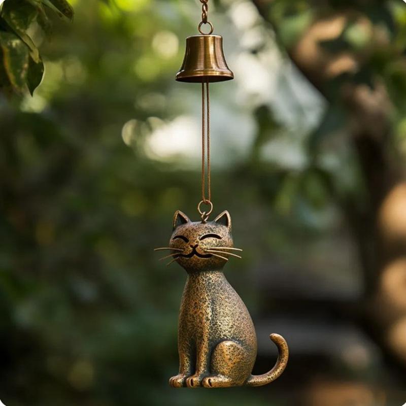 Bronze Lucky Cat Wind Chime Pendant Metal Wind Bell Tassels Figurines Japanese Feng Shui Home Decorations Gift