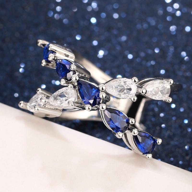 Huitan Temperament Cross Rings with Blue/White Waterdrop Cubic Zirconia Luxury Trendy Women Accessories Daily Wear Party Jewelry