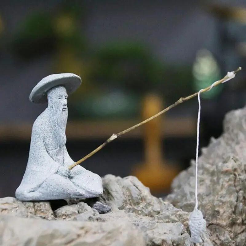 1 szt. Siedzący Starzec Ozdoba do Akwarium Figurka Wędkarska Dekoracja Domowego Ogrodu Stołu ini Statua Rybaka Azjatycka Dekoracja Zen
