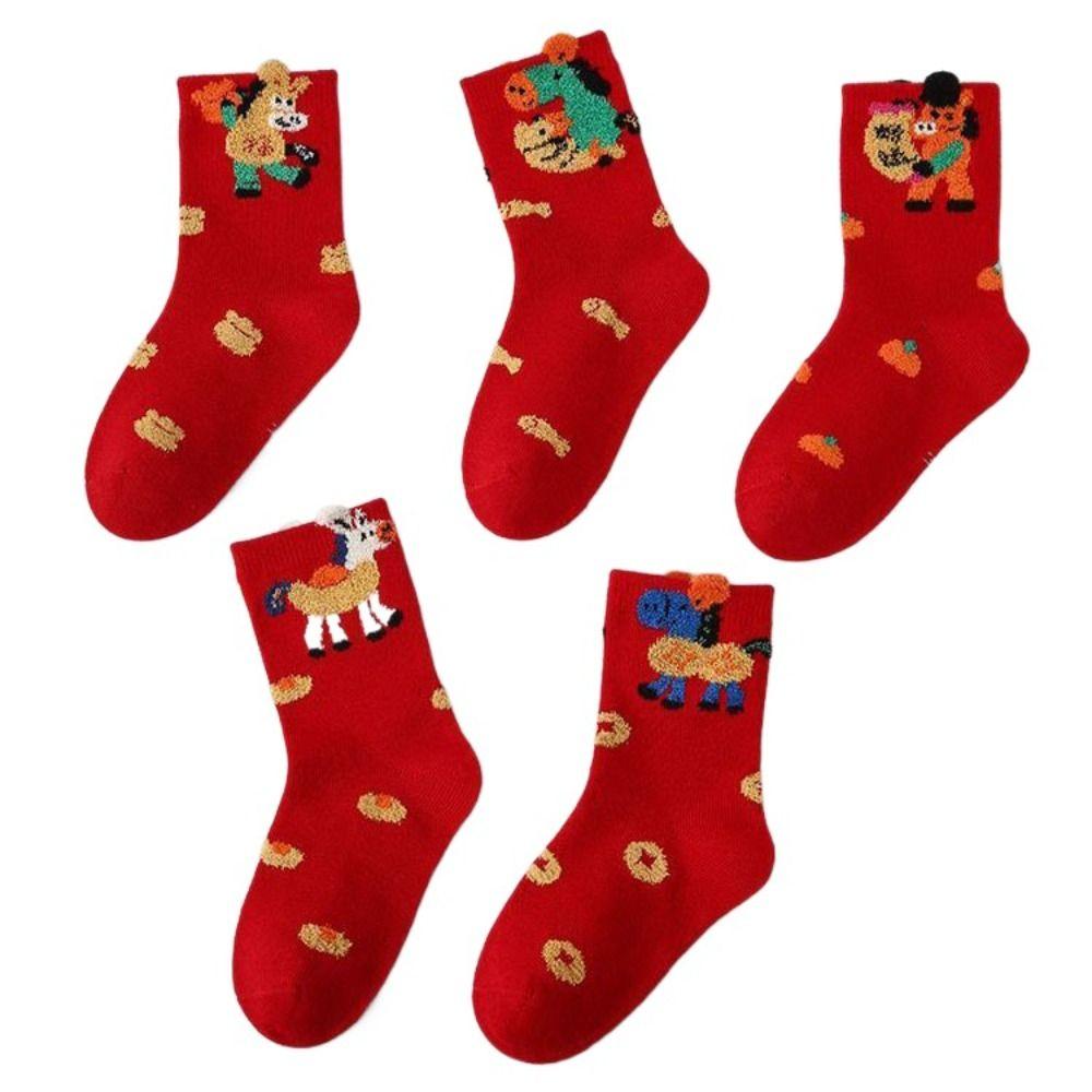 5 Pares Meia Cano Médio Ano Novo Chinês Meias Desenho Cavalo Vermelho Meias de Algodão Roupa de Inverno