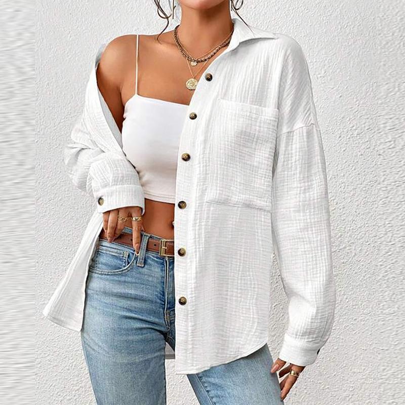 Camicie da Donna in Garza di Cotone Mussola Top Casual con Collo a Revers Manica Lunga Bluse Eleganti da Ufficio per Donne Blusas