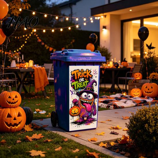 Decorative PVC Bin Wrap Halloween Trash Can Sticker, Spooky Bat Cat Pumpkin Ghost Wheelie Decal, Outdoor Decal Waterproof Garbage Sticker for