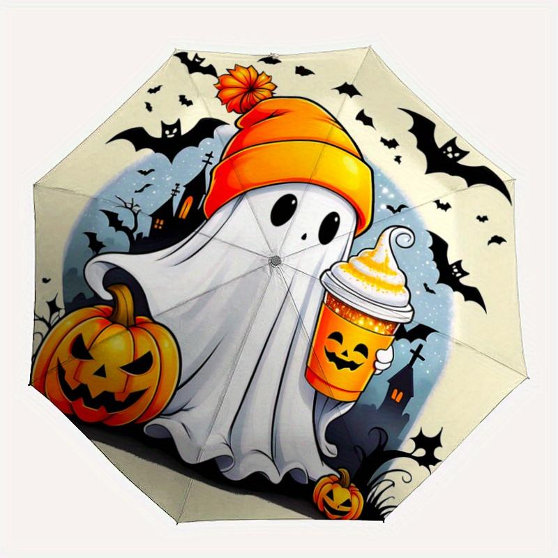 1pc Halloween Cute Ghost Pattern Automatic 3-Fold Umbrella, 8 Steel Frames, High-Value Folding Umbrella, Suitable for Office, Travel and Outdoor