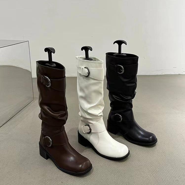 2025 autumn and winter new fashion versatile niche design wasteland wind tall women's boots retro pleated thick heel pile