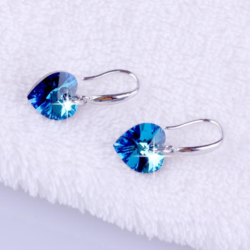 Korean Ocean Heart Blue Crystal S925 Silver Women's Earrings