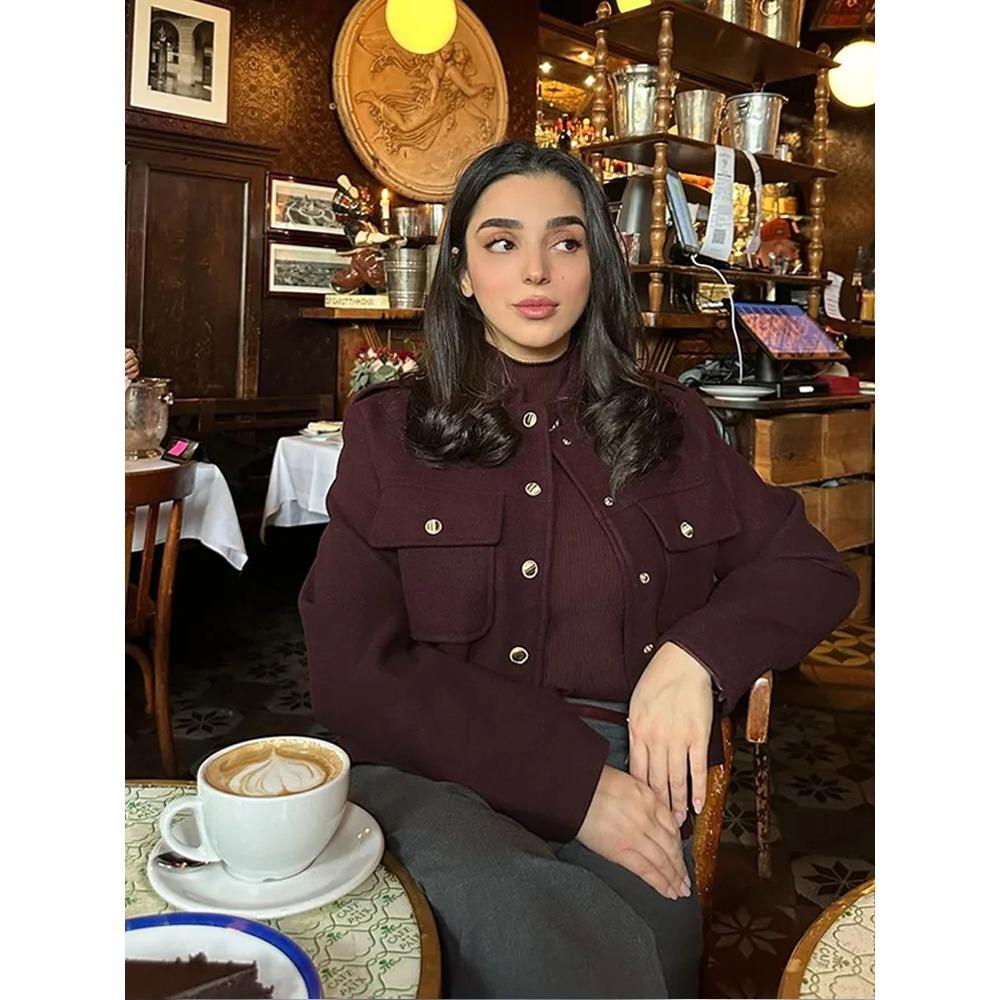 Elegant Women's Burgundy Cropped Jacket Female Stand Collar Single Breasted Full Sleeve Pocket Coat 2024 Autumn Lady Outwear New