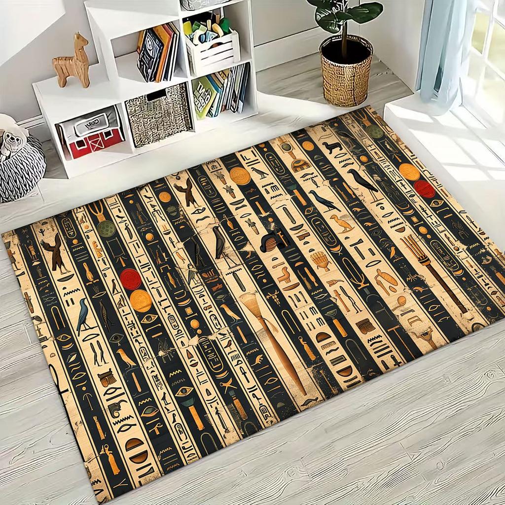 Ancient Egyptian Hieroglyphic Symbols Carved Murals Rug for Bedroom Living Room Sofa Home Doormat Decor,Kids Non-slip Floor Mat