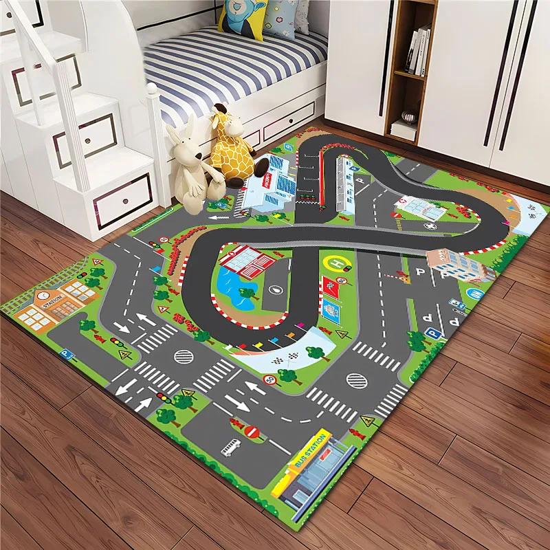 3D-Druck Kinderspielmatte Stadtverkehrskarte Großer Flächenteppich Teppich für Wohnzimmer Schlafzimmer Kinder Spielen Rutschfeste Bodendekormatte Geschenk
