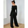 VEZFAA Women's Fashion Casual Spring Autumn Solid Color Print Long Sleeve O-Neck Trousers Pants Suits