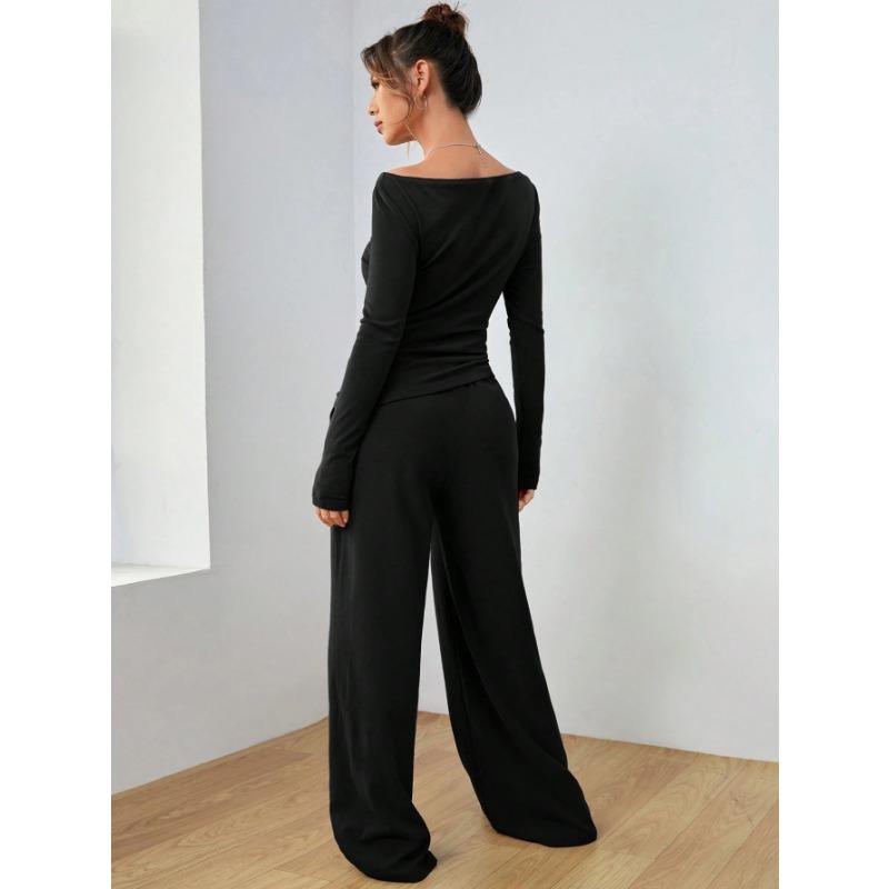VEZFAA Women's Fashion Casual Spring Autumn Solid Color Print Long Sleeve O-Neck Trousers Pants Suits