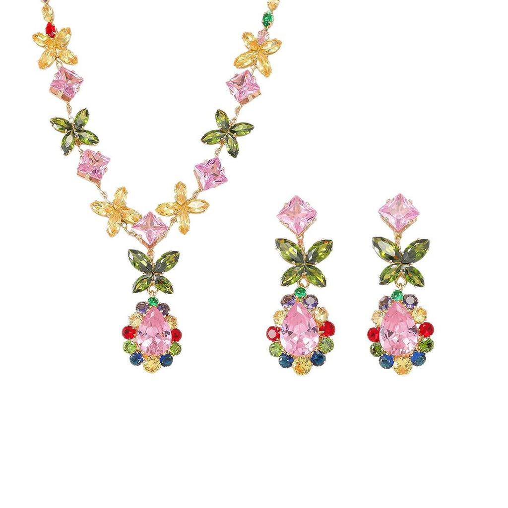 Elegant Zirconia Bridal Jewelry Set: Colorful Necklace & Earrings with Classic, Luxurious Design