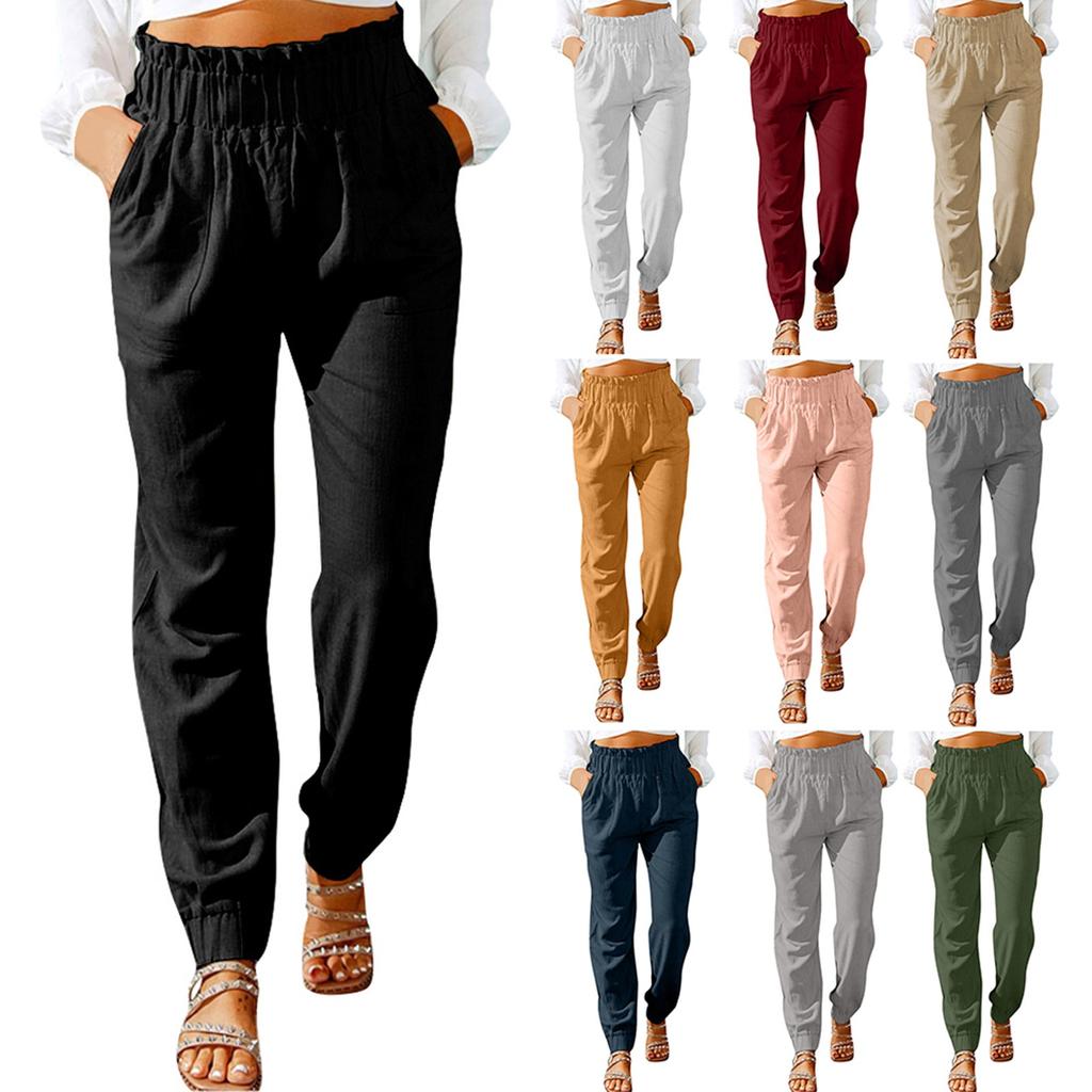 Dámská móda Ležérní letní vysoký pas Dlouhé kalhoty s volnou kapsou