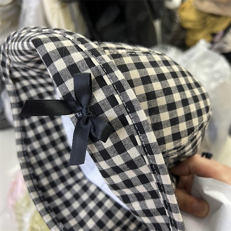 New cornice bow plaid fisherman's hat children's cotton and linen light breathable basin hat showing a small face versatile bucket hat