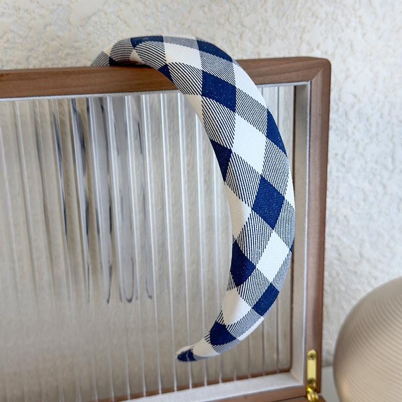Blue Checkered Bow Sponge Hairband for Girls High Headband with High Head Top New Wide Edge Headband