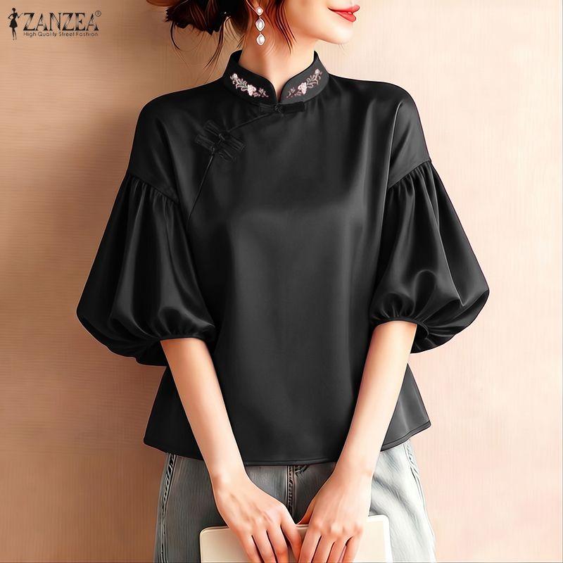 ZANZEA Women Stand Collar Casual Half Sleeve Blouse