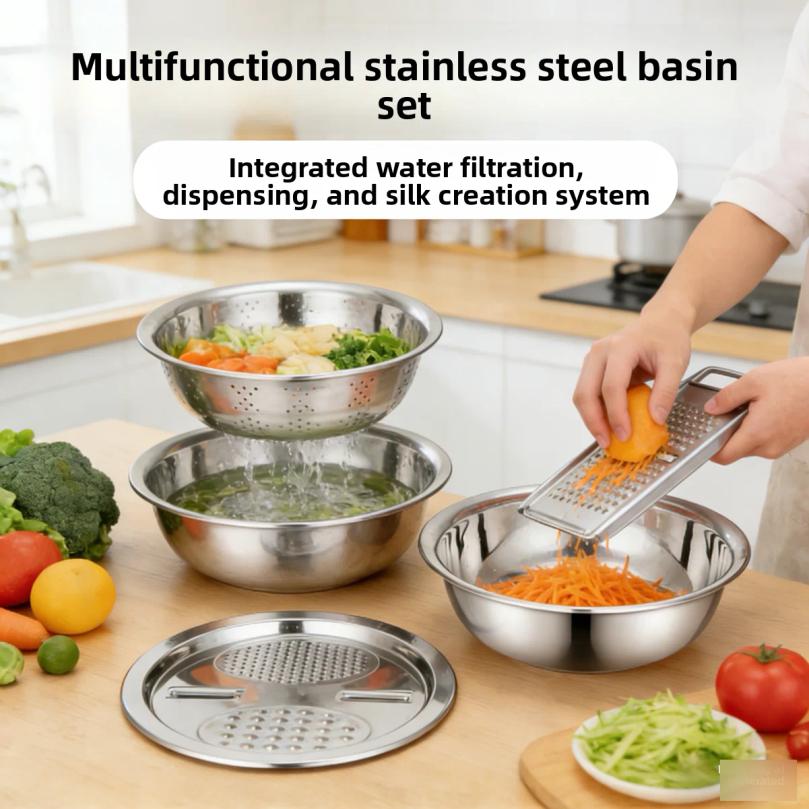 3PCS/1Set Multifunctional Vegetable Slicer Stainless Steel Blade Potato Carrot Grater Vegetable Washing Basin Drain Basket Kitch
