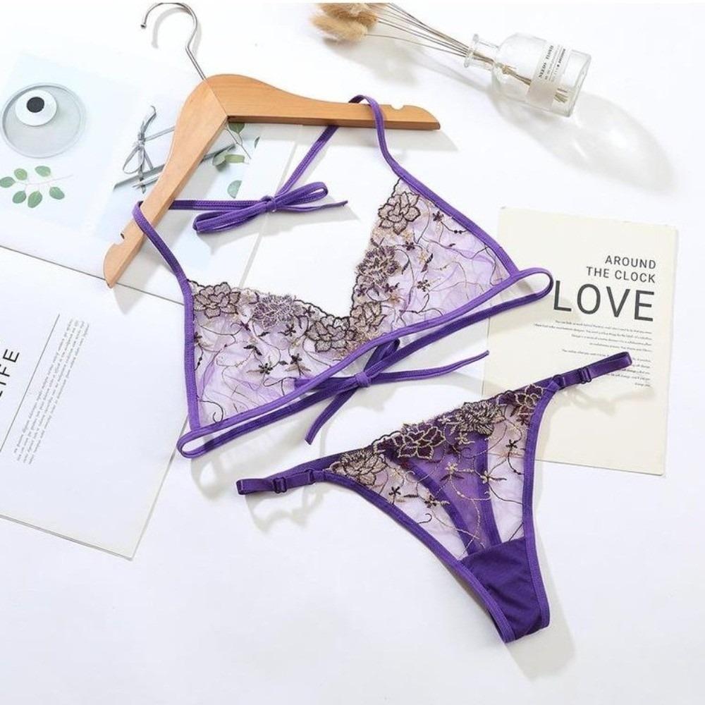 Thin Belt Thong Sheer Flower Thong Bra Set Embroidery Underwear for Women Romantic Night