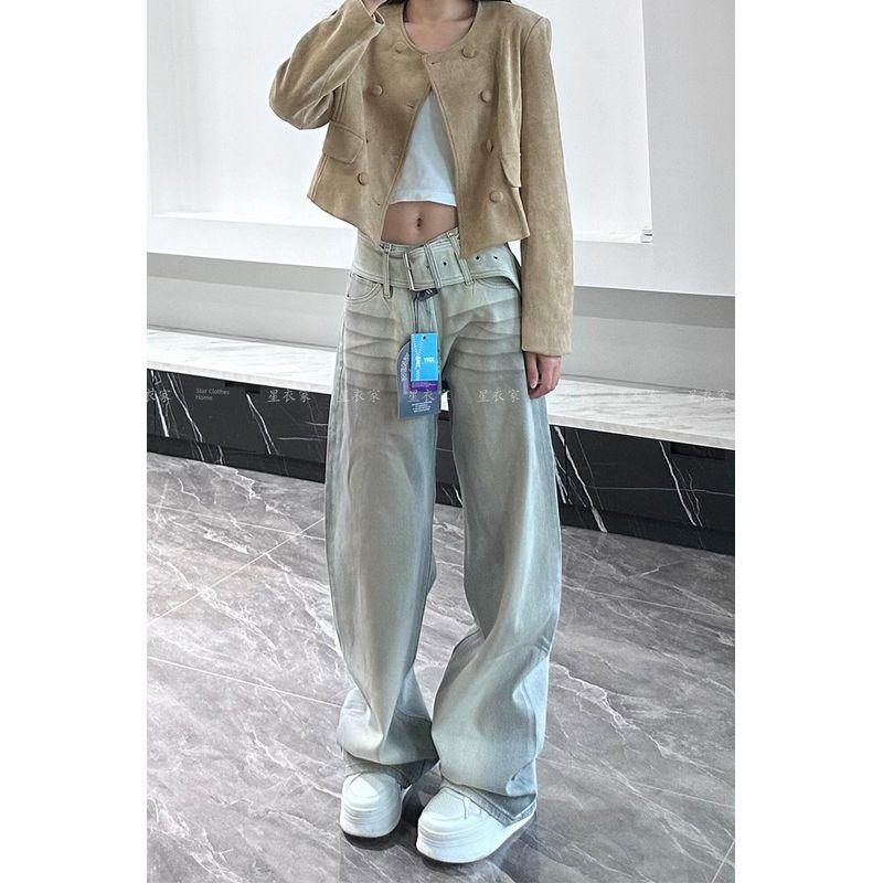 

Fashion Retro Design Niche Style Belt Denim Female Summer New Arrival Sexy Worn Looking Washed-out Dirty Dyed Mop Pants Dirty pants M