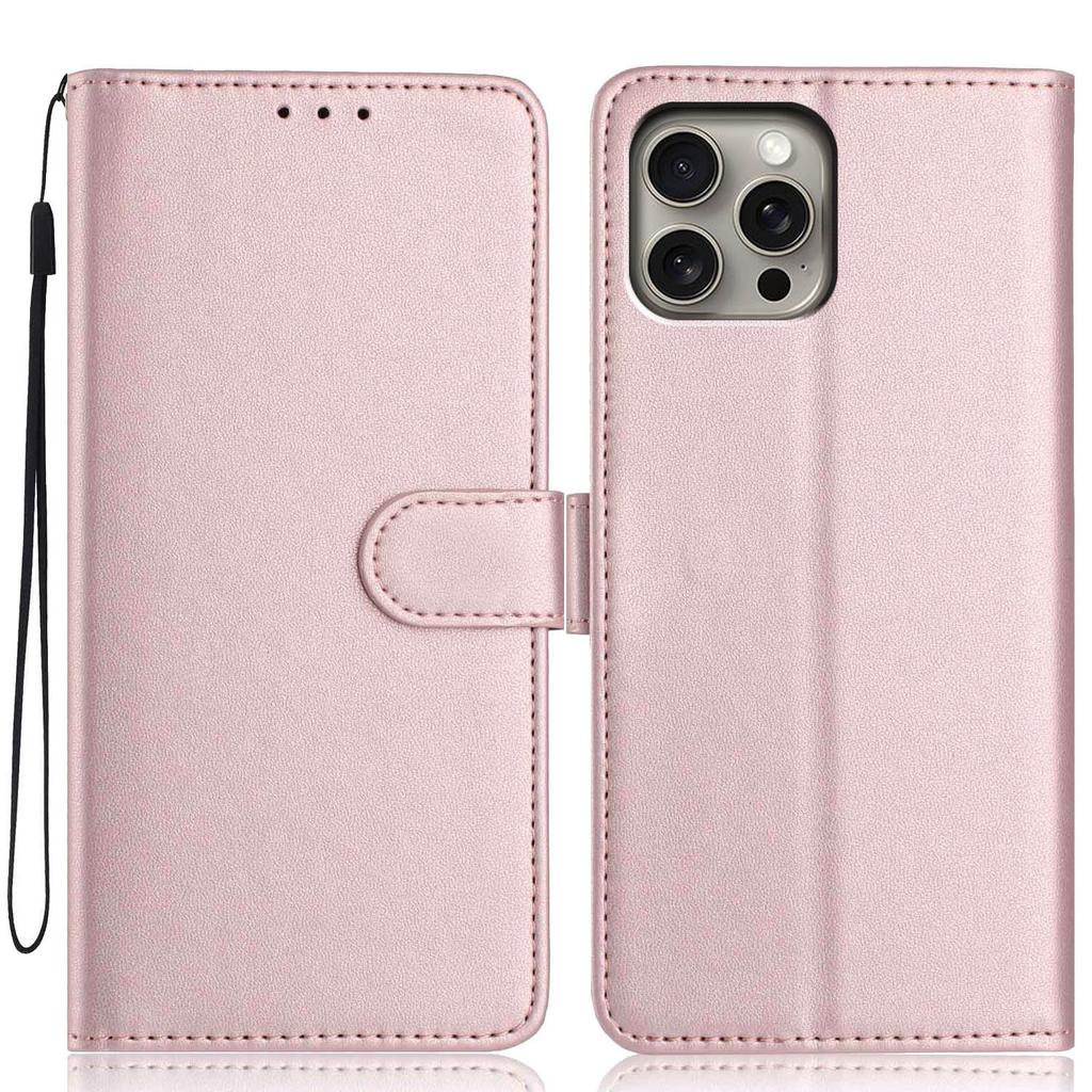 For iPhone 15 Pro Max Wallet Case with Strap/Multiple Card Slots Solid Color Leather Stand Phone Cover