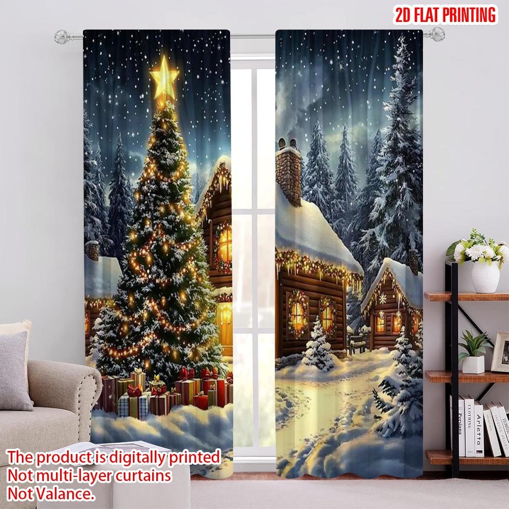 

Set Of 2 Flat Printing Merry Christmas Scene Curtains Holiday House Polyester Without Electricity Decorations Made W100*H70(CM)-Hooks&1PCS